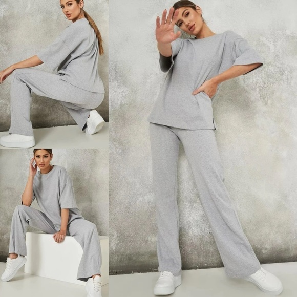 MISSGUIDED GRAY RIB TEE SHIRT WIDE LEG HIGH RISE LOUNGE SET - Picture 1 of 14